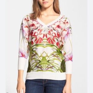Ted Baker Gotia Mirrored Tropics Floral V Neck Sweater Size S